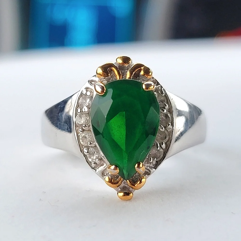 Emerald Teardrop Silver Ring Simulated Diamond Gemstone Gold Tone Accent sz 12